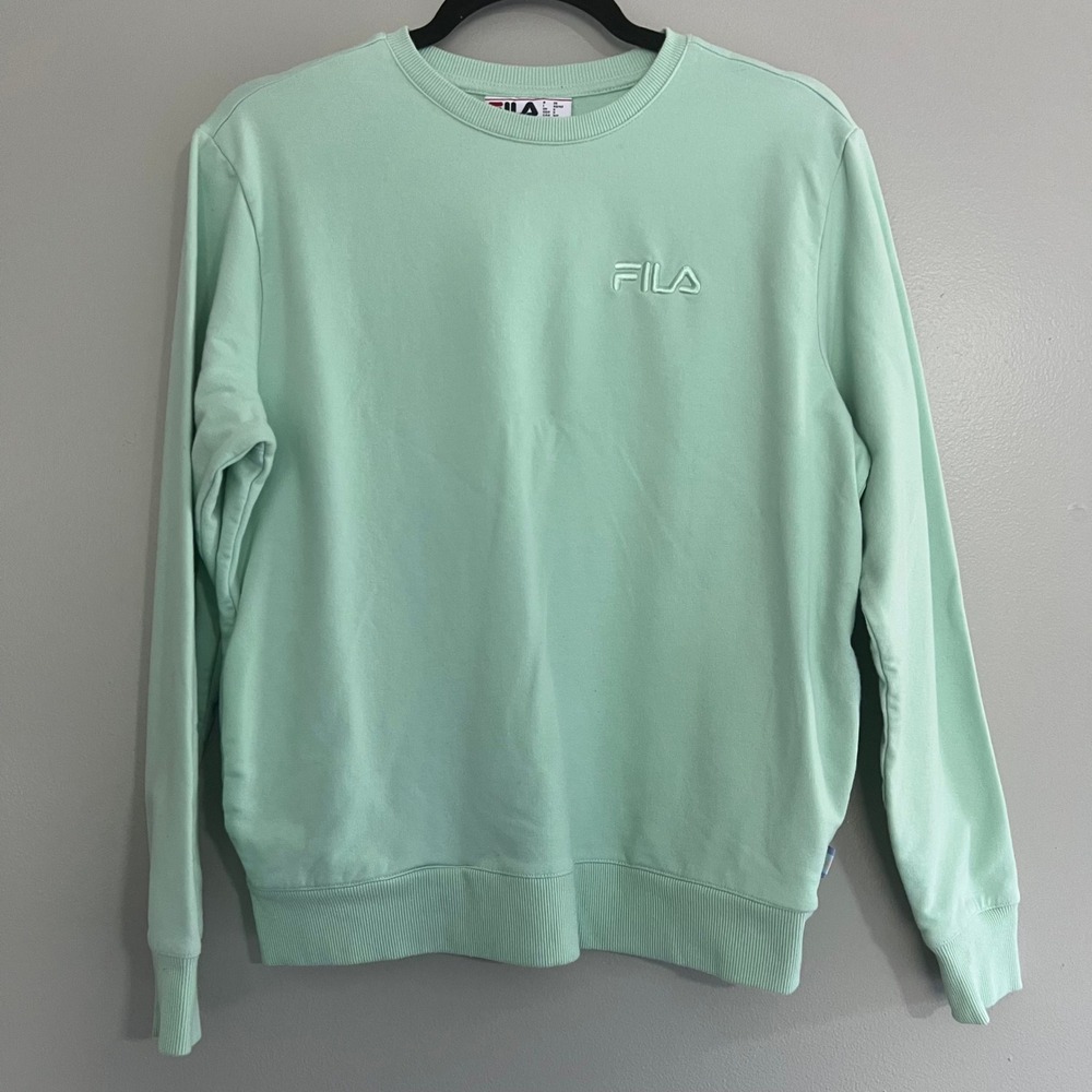 Fila Mint Green Crewneck Sweatshirt Embroidered Logo Side Pockets Size S